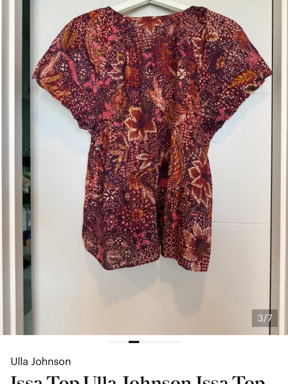 Ulla Johnson Burgundy Floral Split-Neck Blouse - Picture 2 of 4